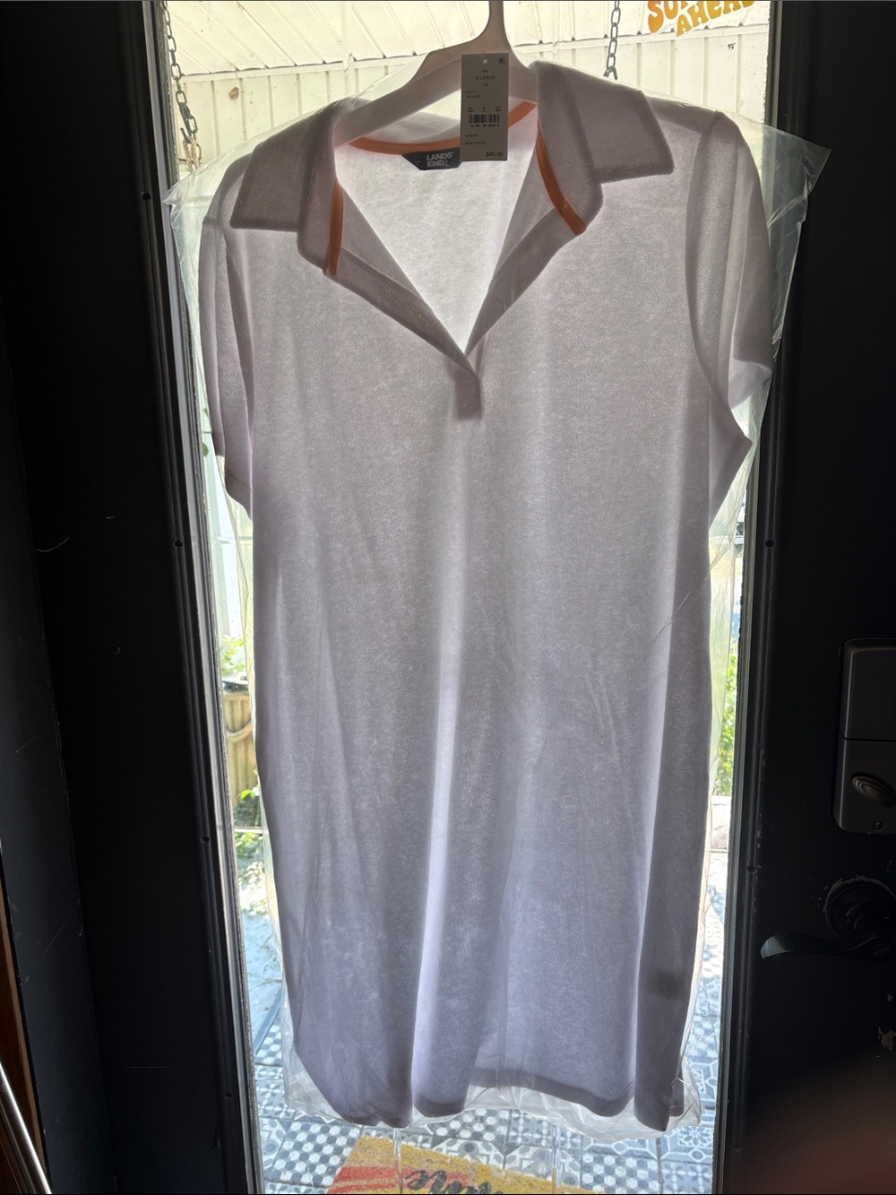Lands' End White Polo Terry Cloth swim cover up with Orange Trim XL UPF 50